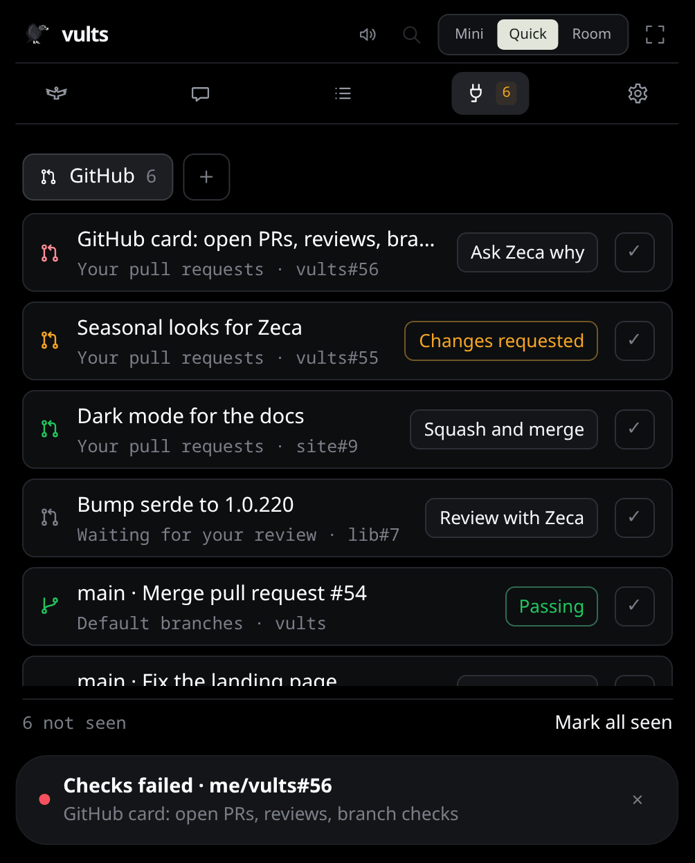 O card do GitHub: seus pull requests, uma revisão esperando, as branches padrão e um check que falhou embaixo