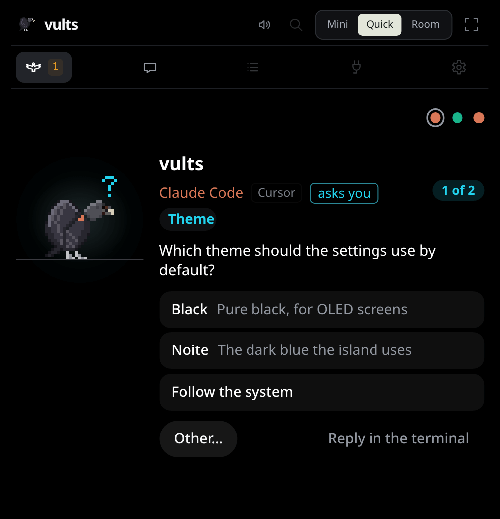 Um card de pergunta: a pergunta Theme, 1 de 2, com três opções, Other… e Reply in the terminal
