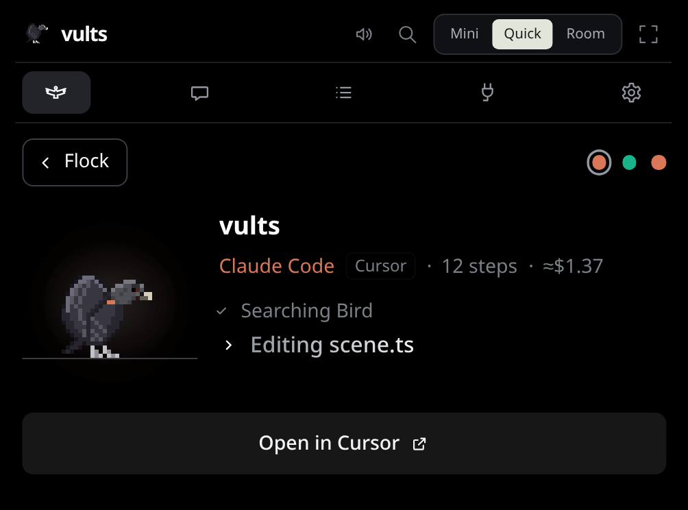 Uma sessão aberta pelo bando: Flock para voltar, um ponto por sessão, o card dela e Open in Cursor